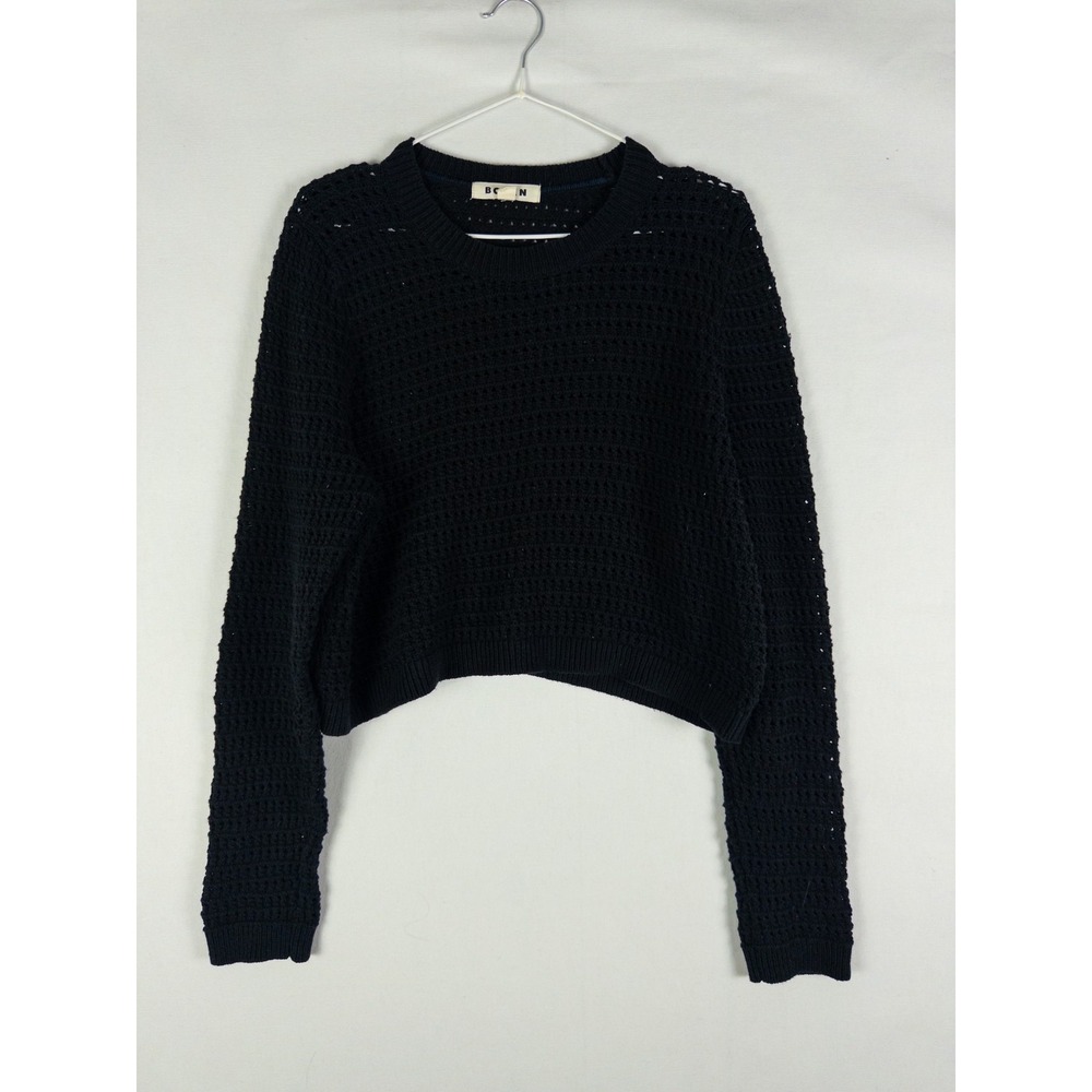 Boden Open Weave Cropped Crewneck Sweater Womens L Black Cotton Minimalist Chic